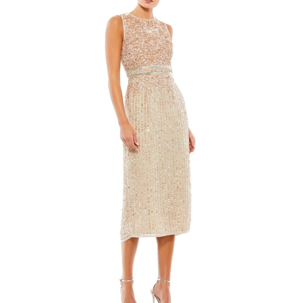 EUC Mac Duggal Sleeveless High Neck Beaded Midi Sheath Dress Sz 6 - Picture 2 of 11